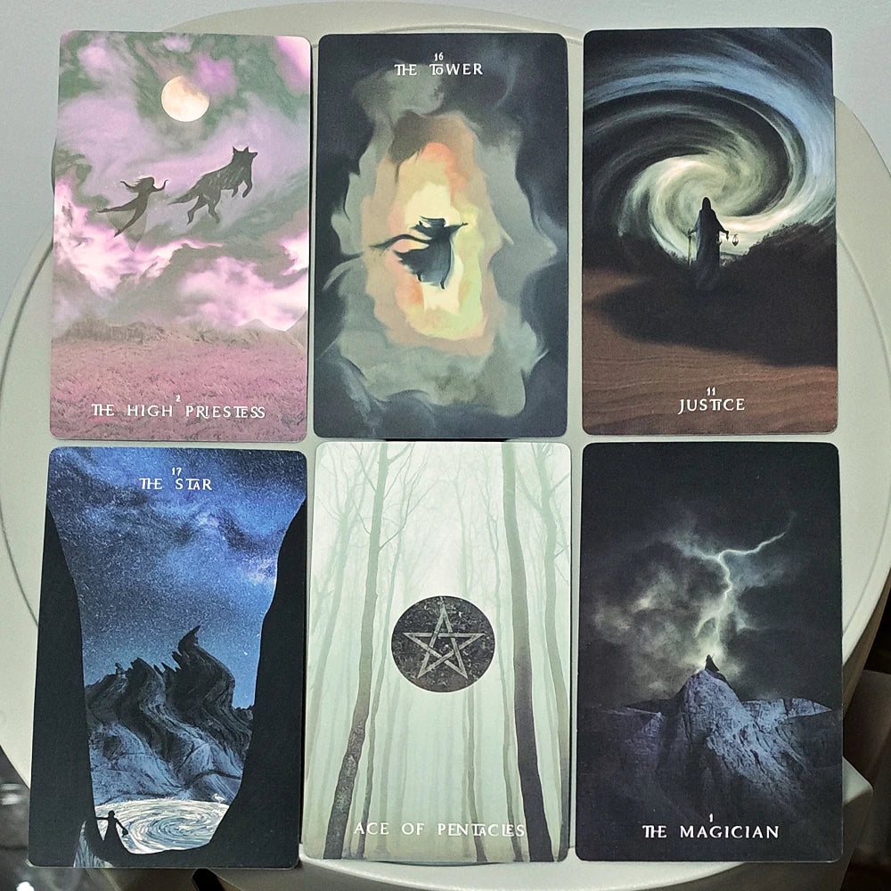 The Shadows We Cast Tarot — six Major Arcana and pip cards: The High Priestess, The Tower, Justice, The Star, Ace of Pentacles, The Magician