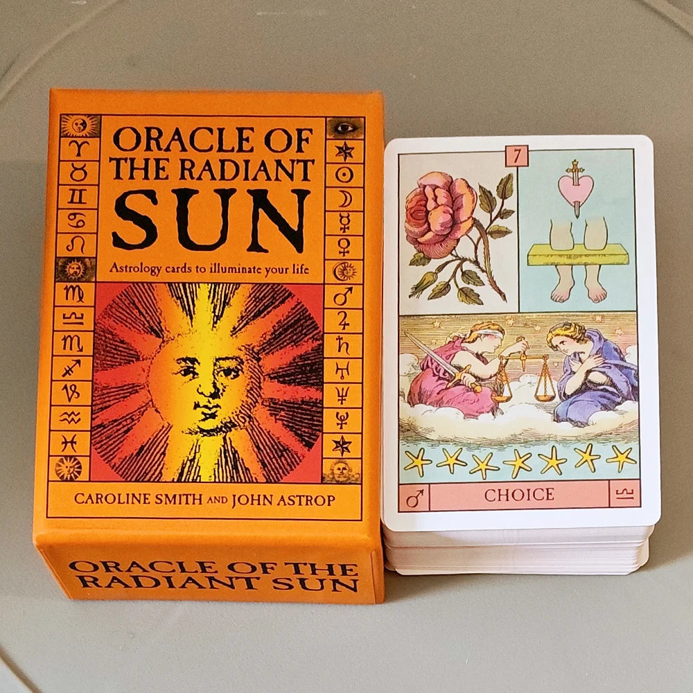 Oracle of the Radiant Sun card backs — sun face vintage illustration in orange and cream