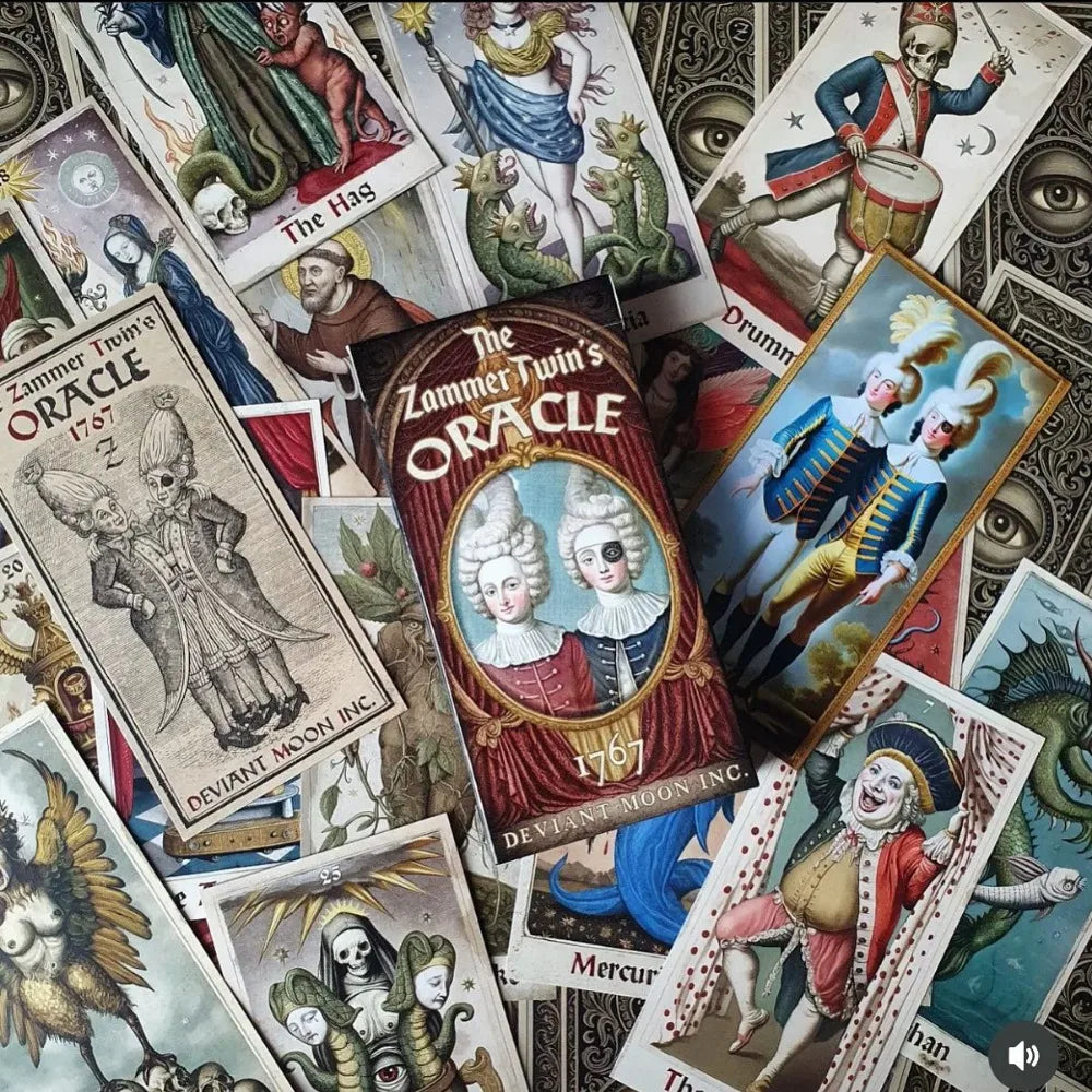 The Zammer Twin’s Oracle deck spread with cards including The Hag, The Drummer (skeleton in Napoleonic uniform), and Mercury visible alongside the crimson Deviant Moon Inc. tuck box