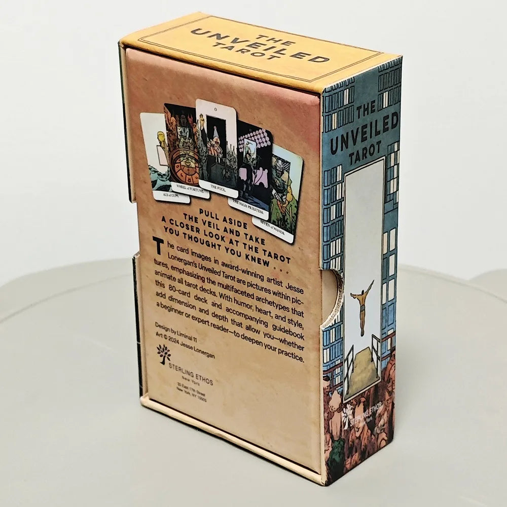 The Unveiled Tarot box rear showing card imagery: Wheel of Fortune, The Fool, The High Priestess, Seven of Wands; with tagline ‘Pull Aside the Veil’ and Sterling Ethos publisher information