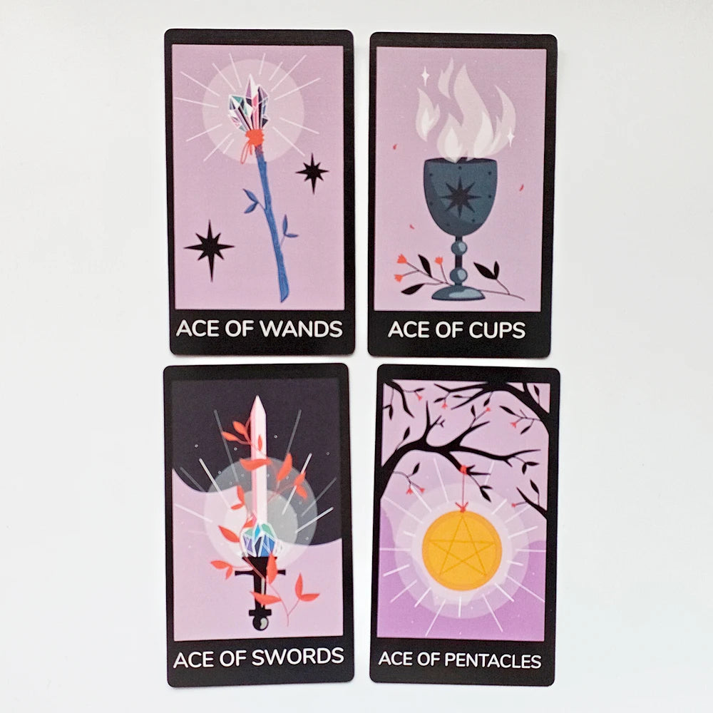 Sabotage Tarot — four Minor Arcana Aces: Ace of Wands (crystal-tipped blue wand with stars), Ace of Cups (grey goblet with white flames), Ace of Swords (white sword amid red leaves and shattered disc), Ace of Pentacles (gold pentacle disk hanging from bare cherry blossom tree)