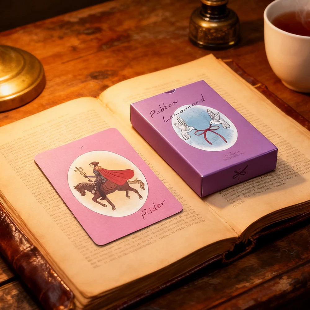 Ribbon Lenormand Rider card showing a cloaked figure on horseback beside the purple Ribbon Lenormand box with two doves and crimson ribbon illustration, styled on an open antique book