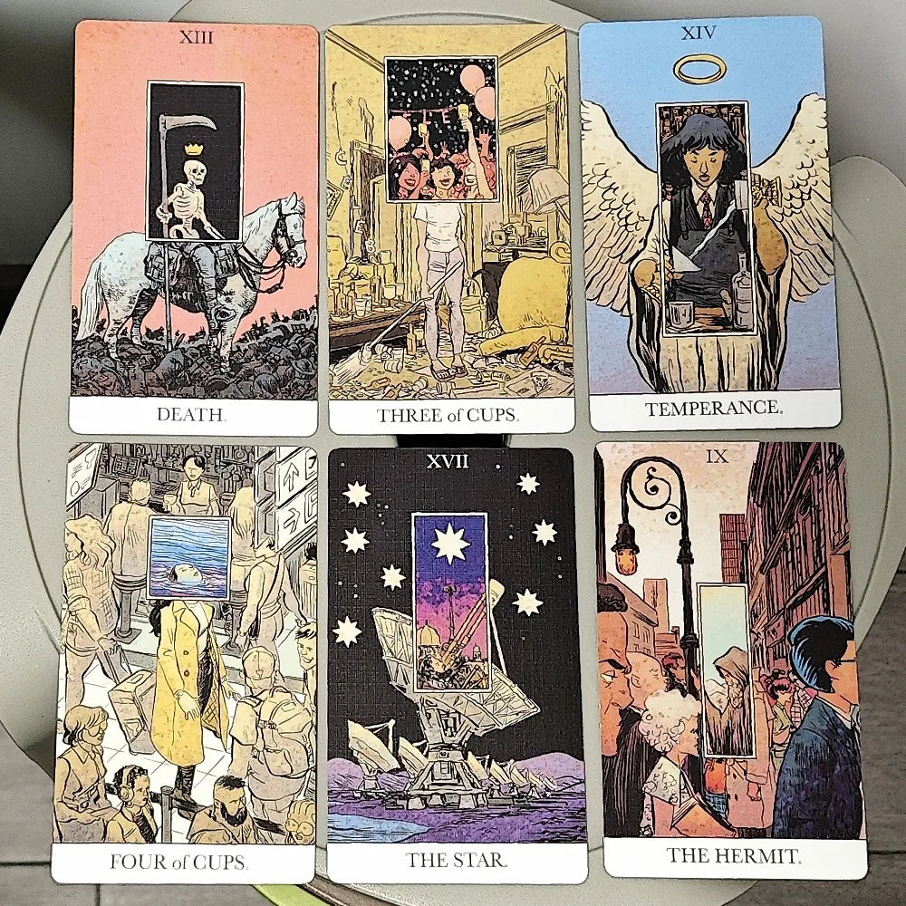 The Unveiled Tarot — six face-up cards: Death (skeleton on horseback), Three of Cups (party scene), Temperance (winged angel), Four of Cups (crowded mall), The Star (JWST telescope), The Hermit (city street at night)
