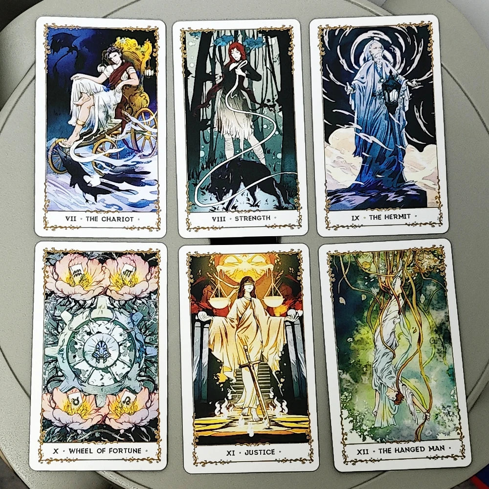 Silent Desolate Tarot — six face-up Major Arcana: VII The Chariot (woman driving raven-pulled chariot), VIII Strength (woman with wolves in dark forest), IX The Hermit (blue-robed elder under moon), X Wheel of Fortune (zodiac wheel with peonies), XI Justice (robed figure holding scales on temple steps), XII The Hanged Man (figure suspended in glowing green woodland)