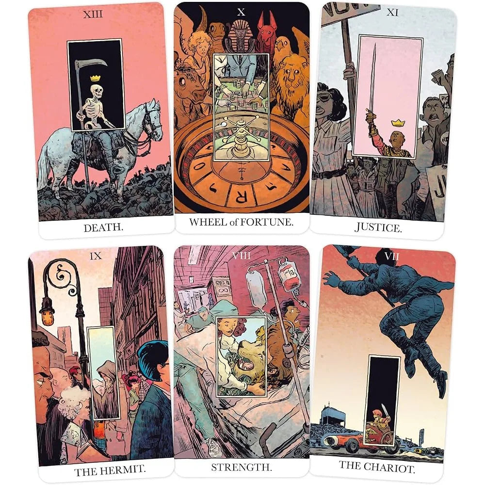 The Unveiled Tarot — six face-up cards: Death, Wheel of Fortune (roulette wheel with animal-masked figures), Justice (protest march), The Hermit, Strength (hospital bedside scene), The Chariot (figure leaping from moving car)