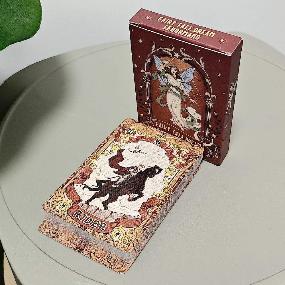 Fairy Tale Dream Lenormand Rider card showing knight on horseback beside crimson box with fairy illustration on reverse