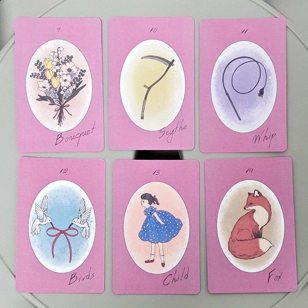 Ribbon Lenormand — six face-up cards: Bouquet (flowers), Scythe, Whip, Birds (two doves with ribbon), Child (girl in blue dress), Fox