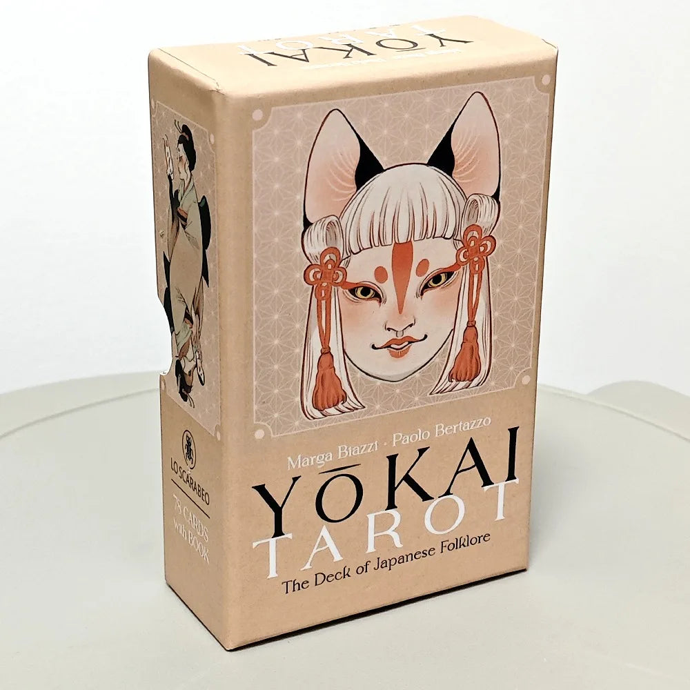 Yōkai Tarot box reverse side featuring an oni demon Noh mask illustration