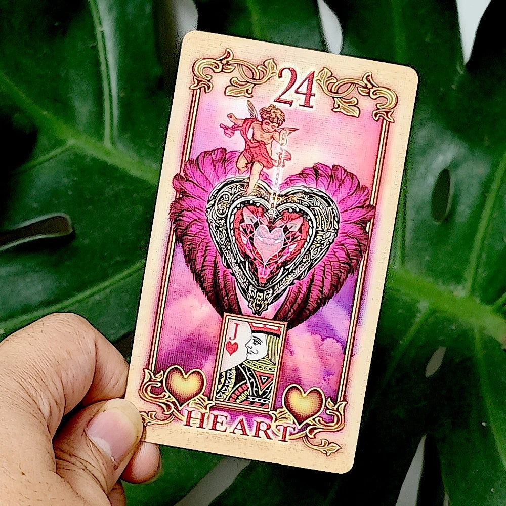 Lustrous Lenormand card 16 Star: holographic steampunk orrery with blazing star light on a celestial blue constellation map background; playing card inset 6 of Hearts; gold ornate border