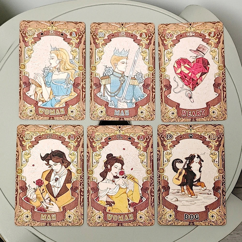 Fairy Tale Dream Lenormand — six face-up cards: Woman (Cinderella), Man (prince with sword), Heart (ruby gem), Man (Beast with rose), Woman (Belle with rose), Dog (dog with guitar)