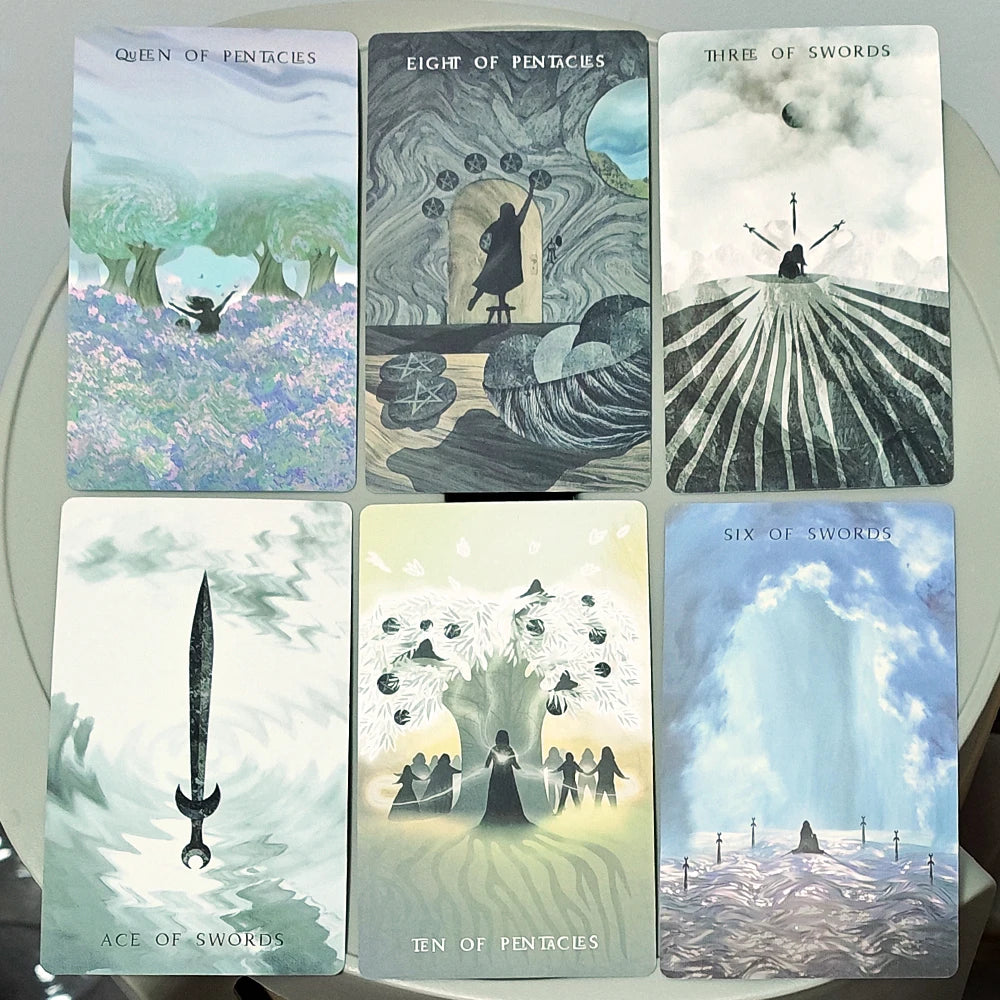 The Shadows We Cast Tarot — six cards: Queen of Pentacles, Eight of Pentacles, Three of Swords, Ace of Swords, Ten of Pentacles, Six of Swords