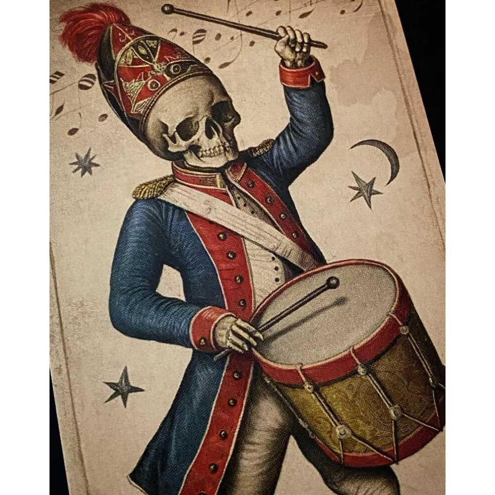 The Zammer Twin’s Oracle — The Drummer card: skeleton in blue and red Napoleonic uniform with plumed hat, playing a snare drum, musical notes and stars floating around; aged parchment background