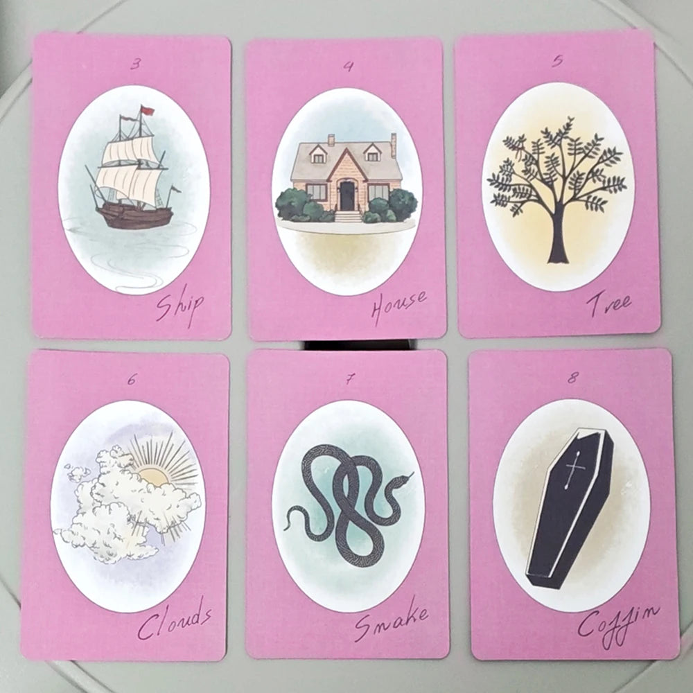 Ribbon Lenormand — six face-up cards: Ship (sailing vessel), House (cottage), Tree (bare winter tree), Clouds (sun behind clouds), Snake, Coffin (black casket)