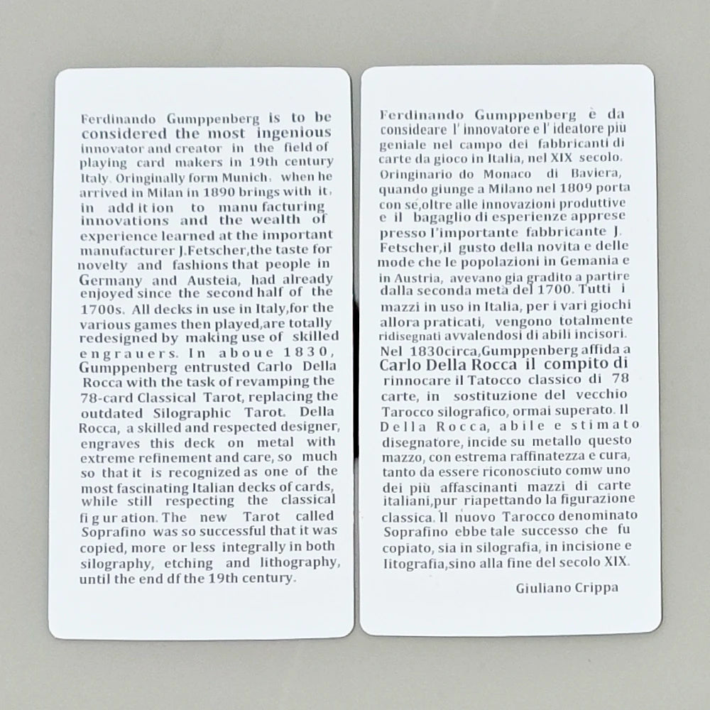 Tarocco Soprafino 1830 — bilingual scholarly insert card: English text (left) and Italian text (right) by Giuliano Crippa detailing the history of Ferdinando Gumppenberg, Carlo Della Rocca, and the Tarocco Soprafino engraving tradition