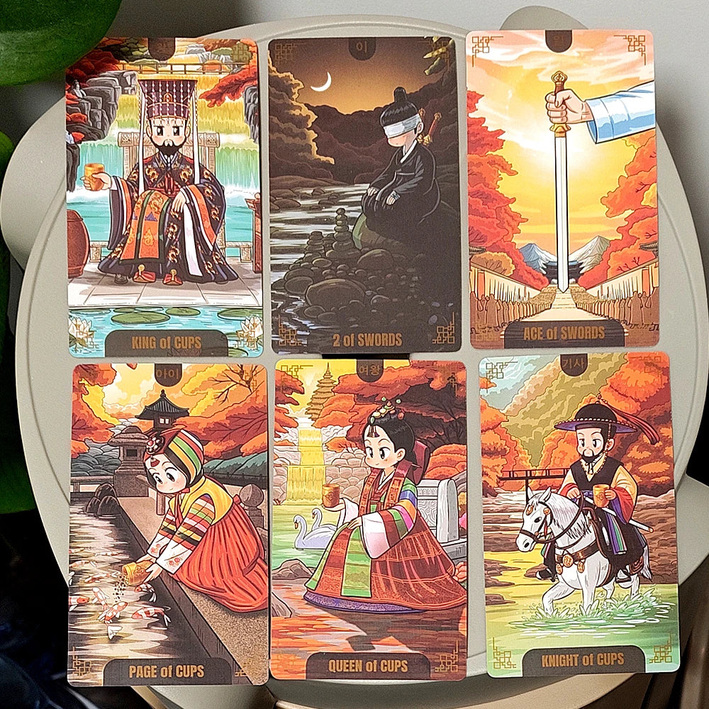 Korenji Tarot face-up cards: King of Cups, 2 of Swords, Ace of Swords, Page of Cups, Queen of Cups, Knight of Cups