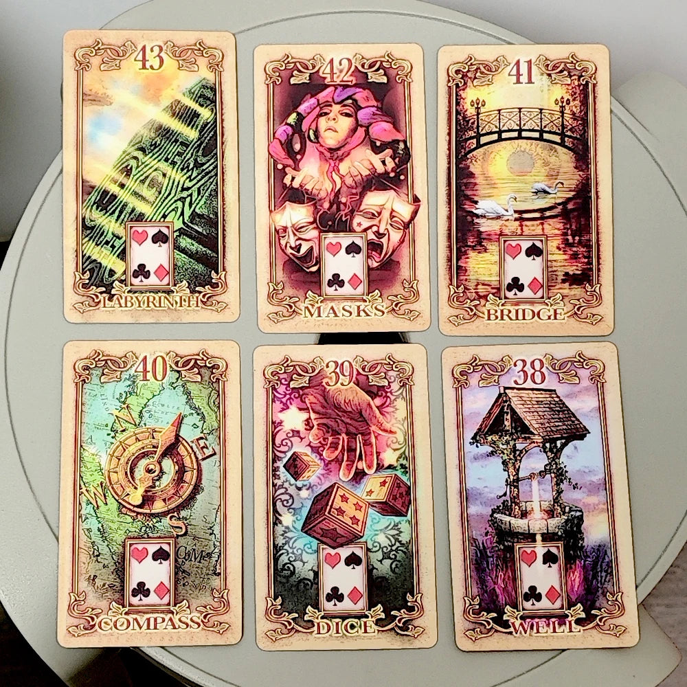 Lustrous Lenormand — six holographic cards: 8 Coffin (angel over ornate coffin), 9 Bouquet (roses and peonies), 10 Scythe (scythe with wheat sheaf), 11 Whip (leather whip coiled), 12 Birds (two owls at dusk), 14 Fox (red fox among autumn leaves)