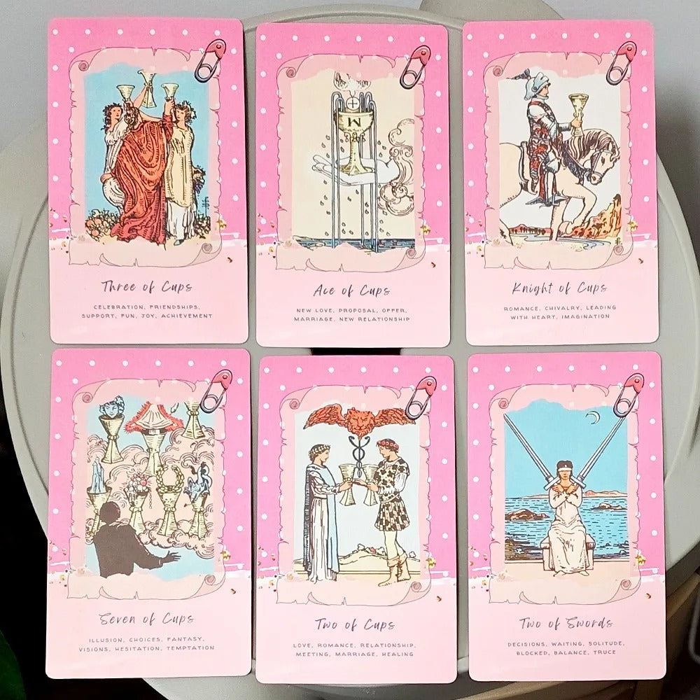 Pink Waite Tarot — 78 Cards | Kawaii Collage RWS Tarot with Keywords | Double Embossed