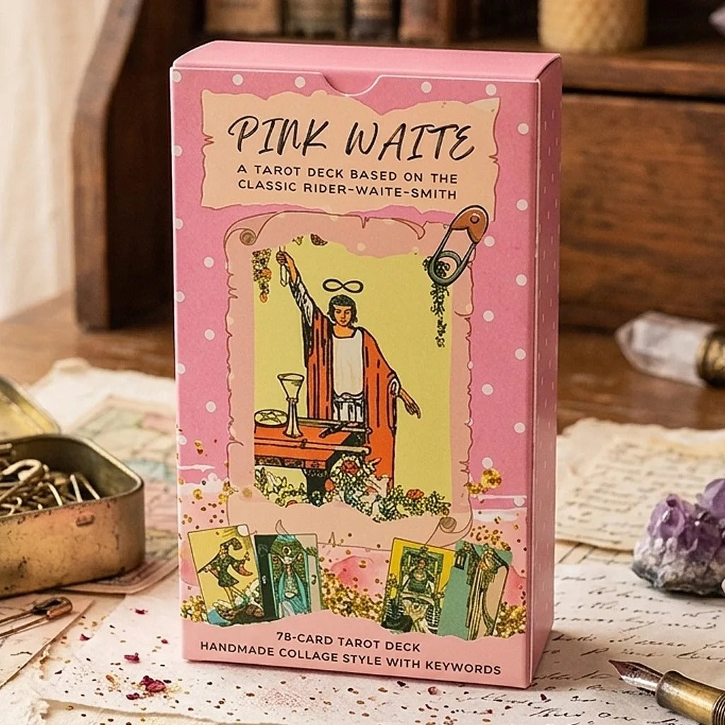 Pink Waite Tarot — 78 Cards | Kawaii Collage RWS Tarot with Keywords | Double Embossed