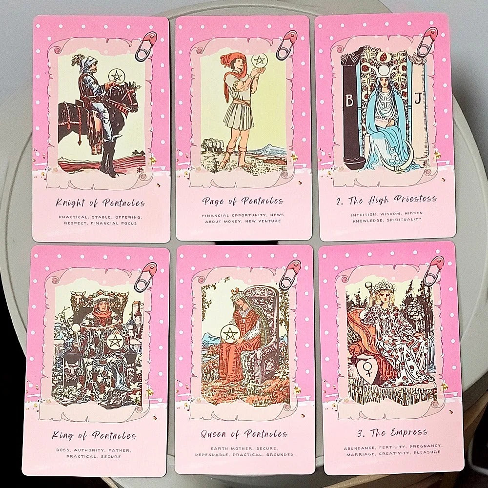 Pink Waite Tarot — 78 Cards | Kawaii Collage RWS Tarot with Keywords | Double Embossed