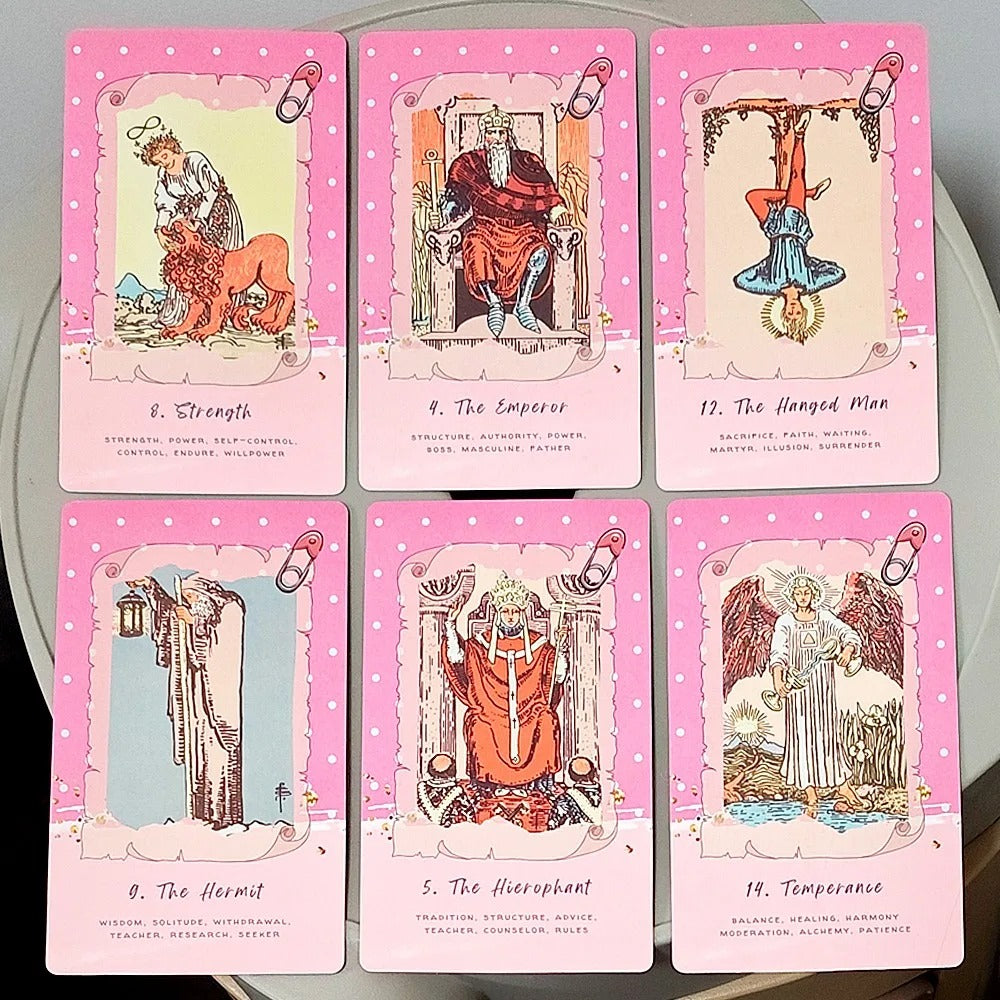 Pink Waite Tarot — 78 Cards | Kawaii Collage RWS Tarot with Keywords | Double Embossed